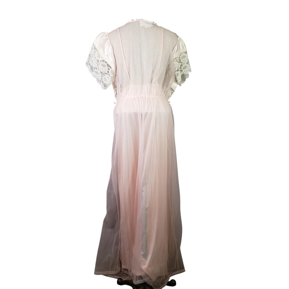 Vintage Long Lace Nightgown Sheer Robe Pink Ribbon Womens Size Large Peignor - Picture 3 of 13